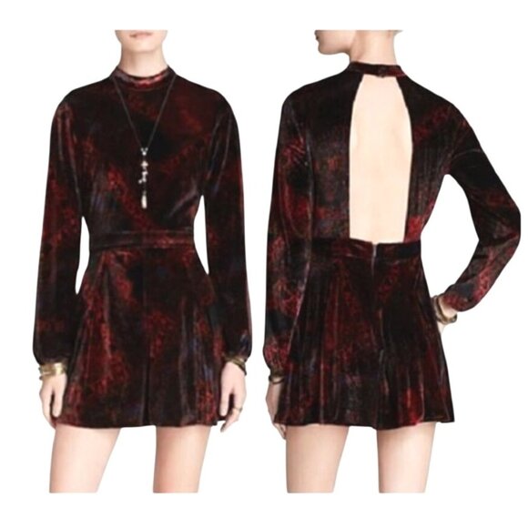 Free People Onyx Combo Printed Velvet Cut-Out Back Long-Sleeve Romper Size 0 - Picture 1 of 14